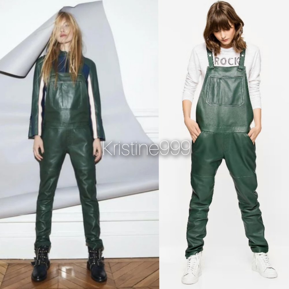 Zadig & Voltaire Bottle Green Supple Leather Sydney Overalls NEW Small Medium